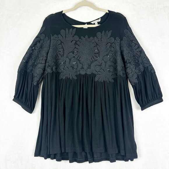 John Mark Crochet Lace Top Size Small Black Boho 3/4 Sleeve Tone On Tone - Picture 1 of 5